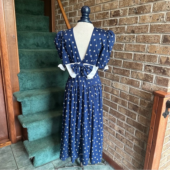 VTG 80s 90s Navy Blue Bow Embellished Puff Sleeve Coffee Bean Print Dress - Picture 3 of 5